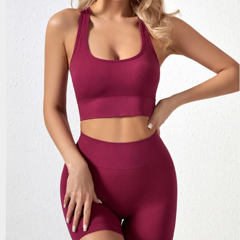 New solid color work back seamless knitting bra belly compression shorts sports running fitness yoga 2 piece set